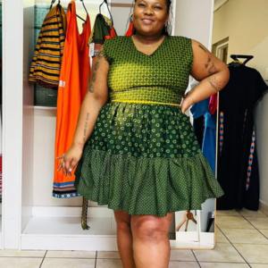 Forest Shweshwe Tiered Short Dress