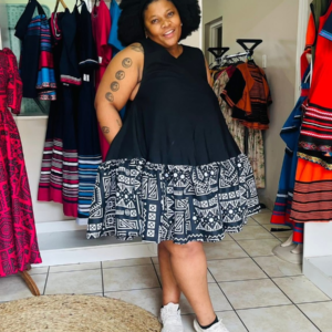Monochrome Mudcloth Ruffle Swing Dress