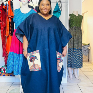 Denim Utility Kaftan (Heritage Portrait Design) on pockets